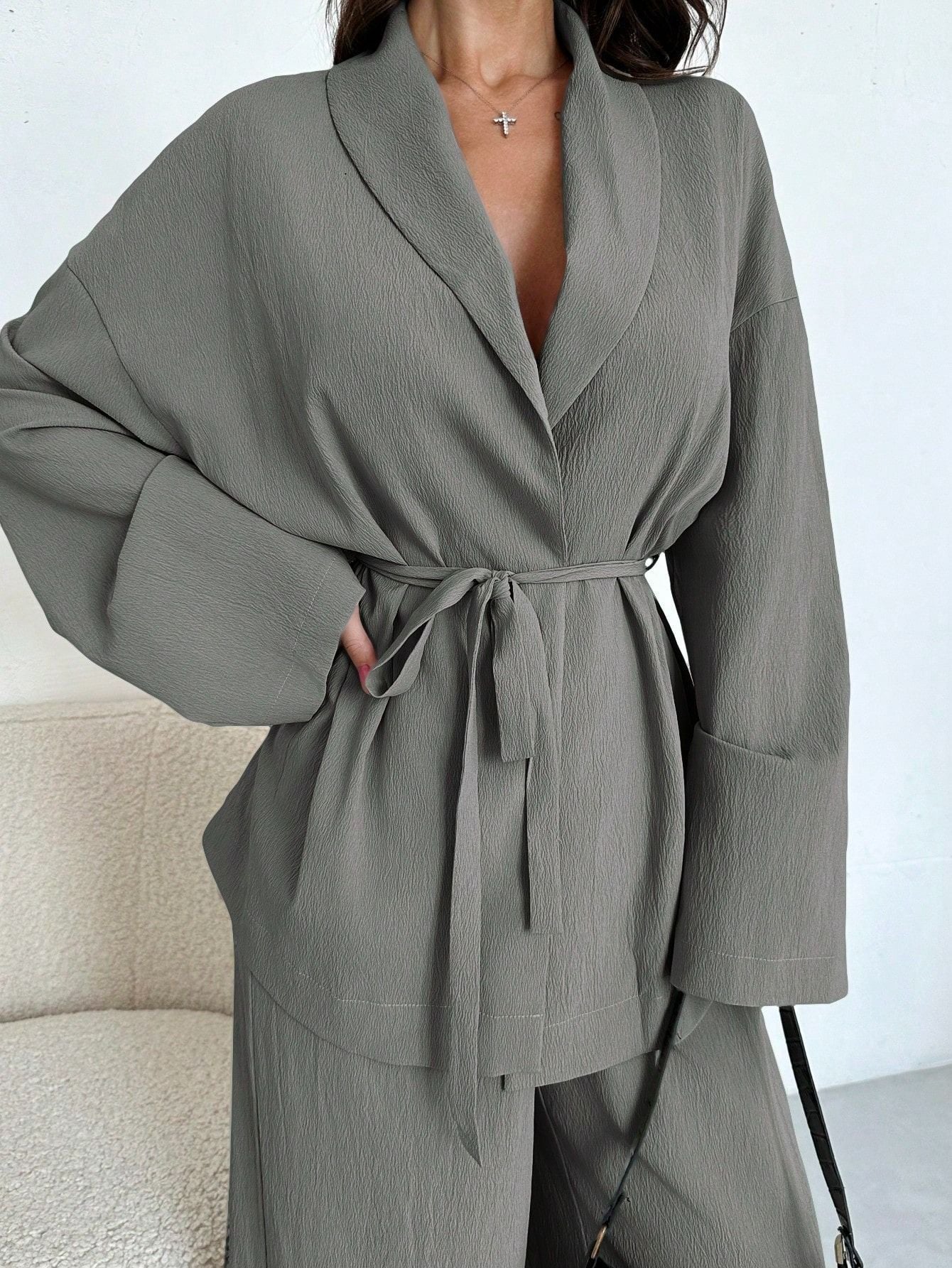 Damen lässige Oversized Blazerjacke mit Gürtel Stalluxe