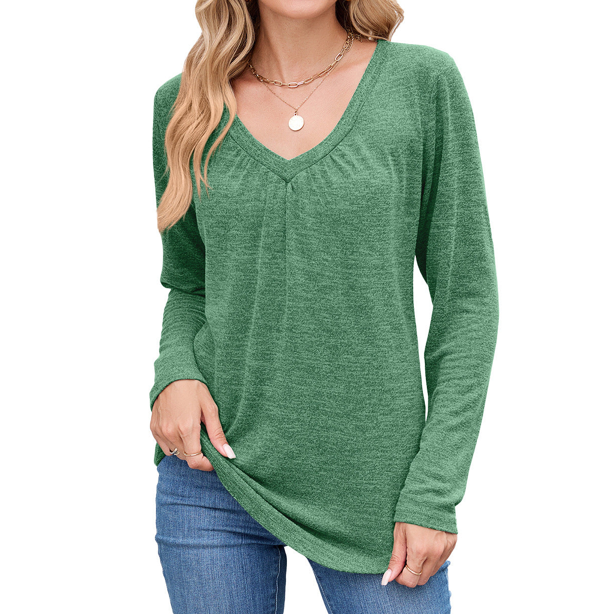 Damen lässiges Langarmshirt mit V-Ausschnitt und Falten Detail Stalluxe