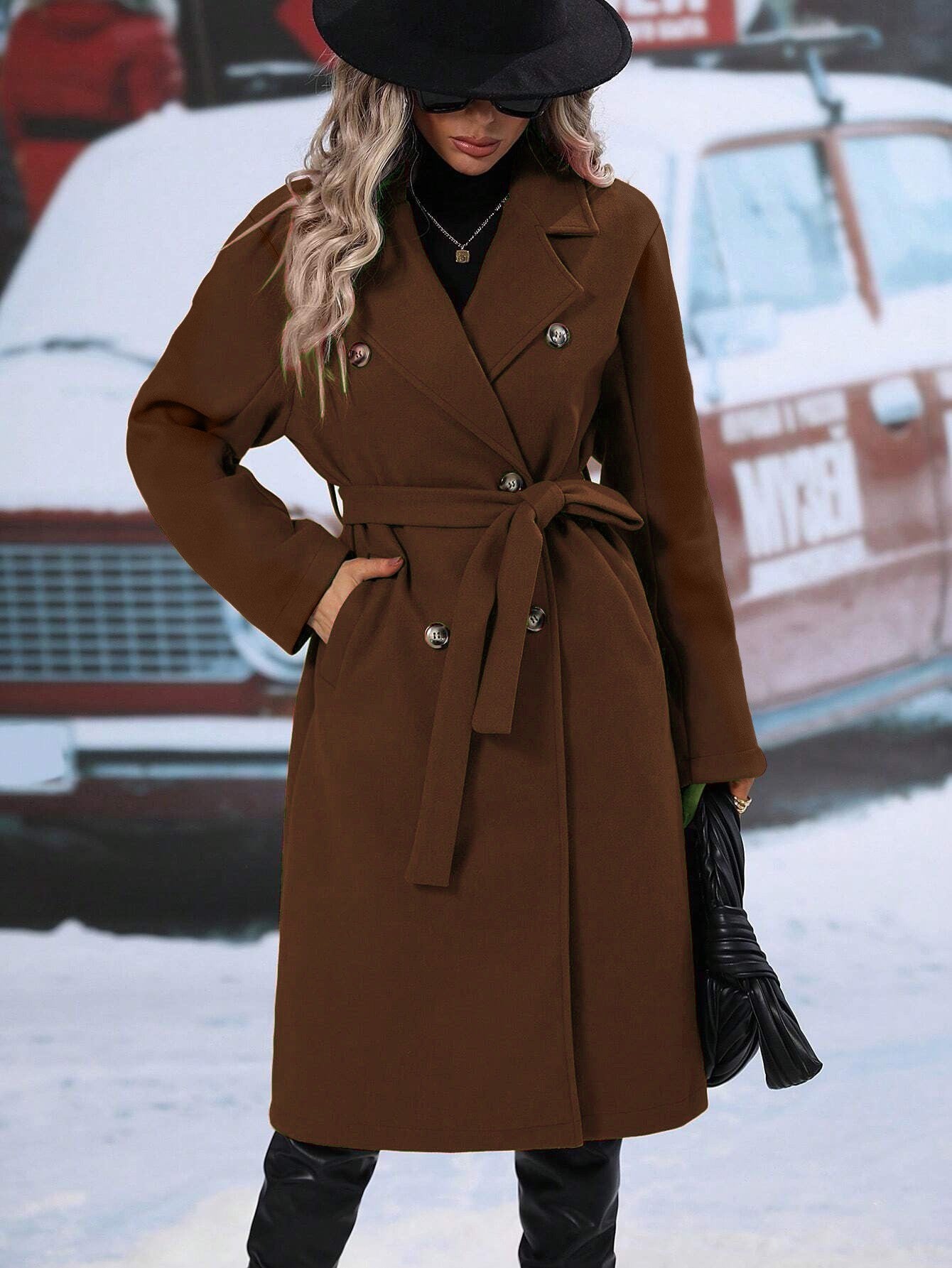 Damen Modischer Wollmantel mit Gürtel Stalluxe