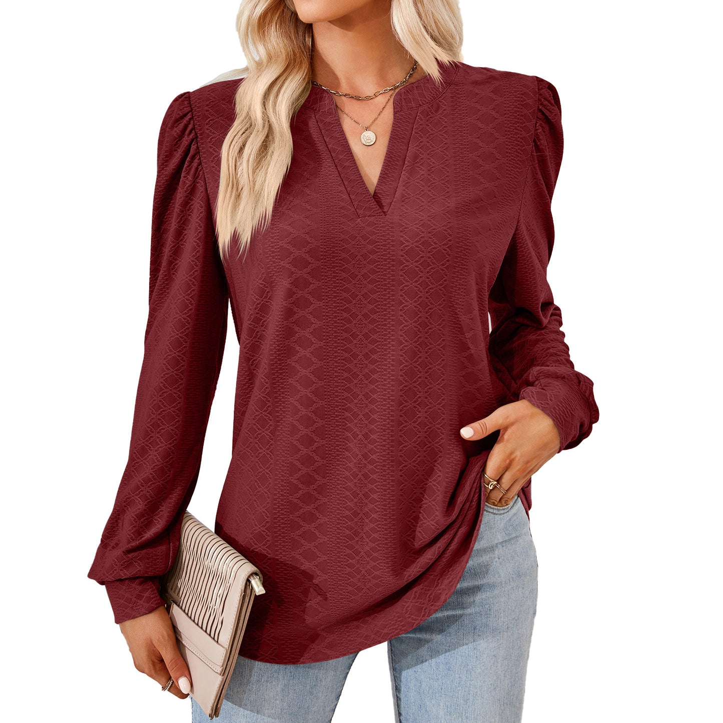 Damen Blusenshirt mit elegantem V-Ausschnitt und strukturiertem Muster Stalluxe