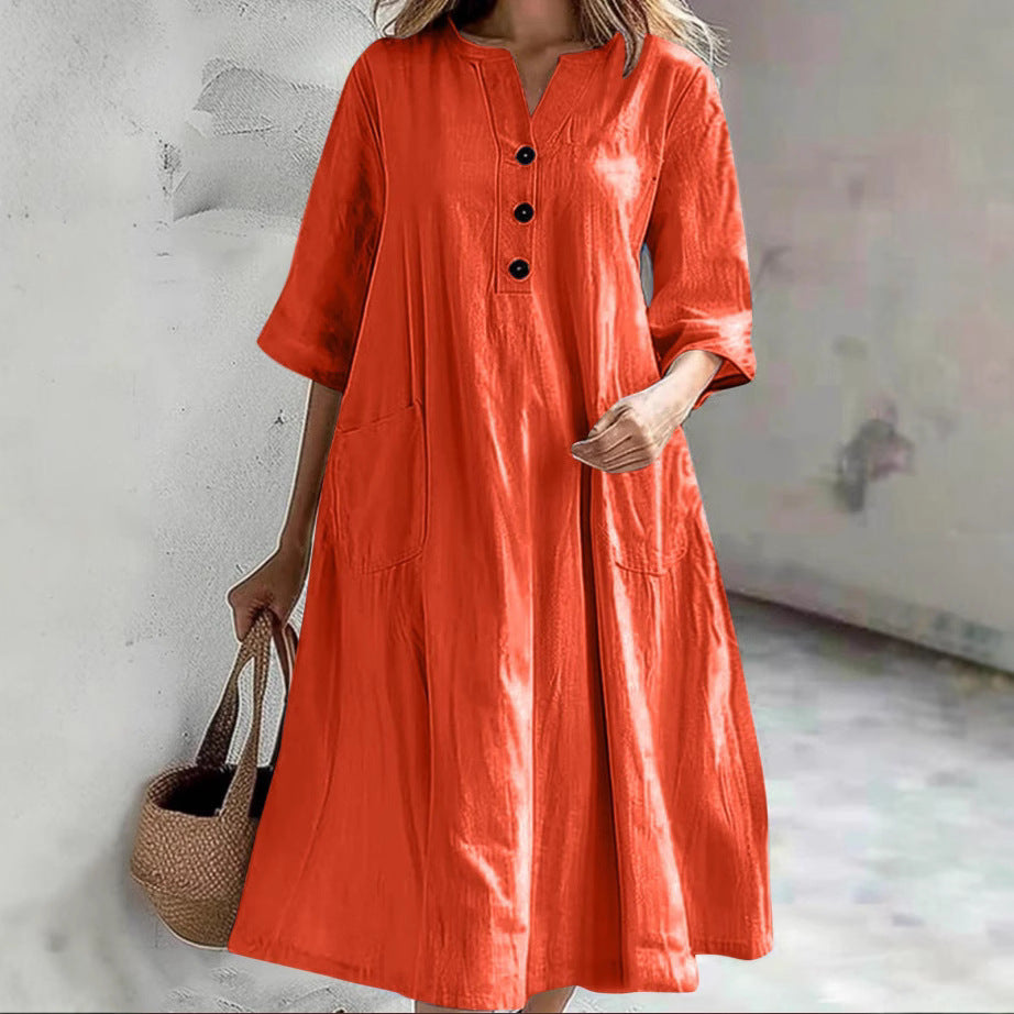 Damen lässiges Baumwollkleid mit Knopfleiste und praktischen Taschen Stalluxe