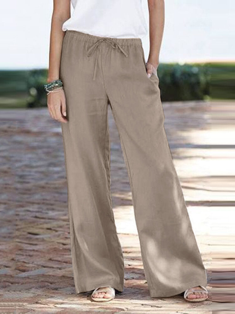 Damen luftige weite Leinenhose mit elastischem Bund und praktischen Seitentaschen Stalluxe