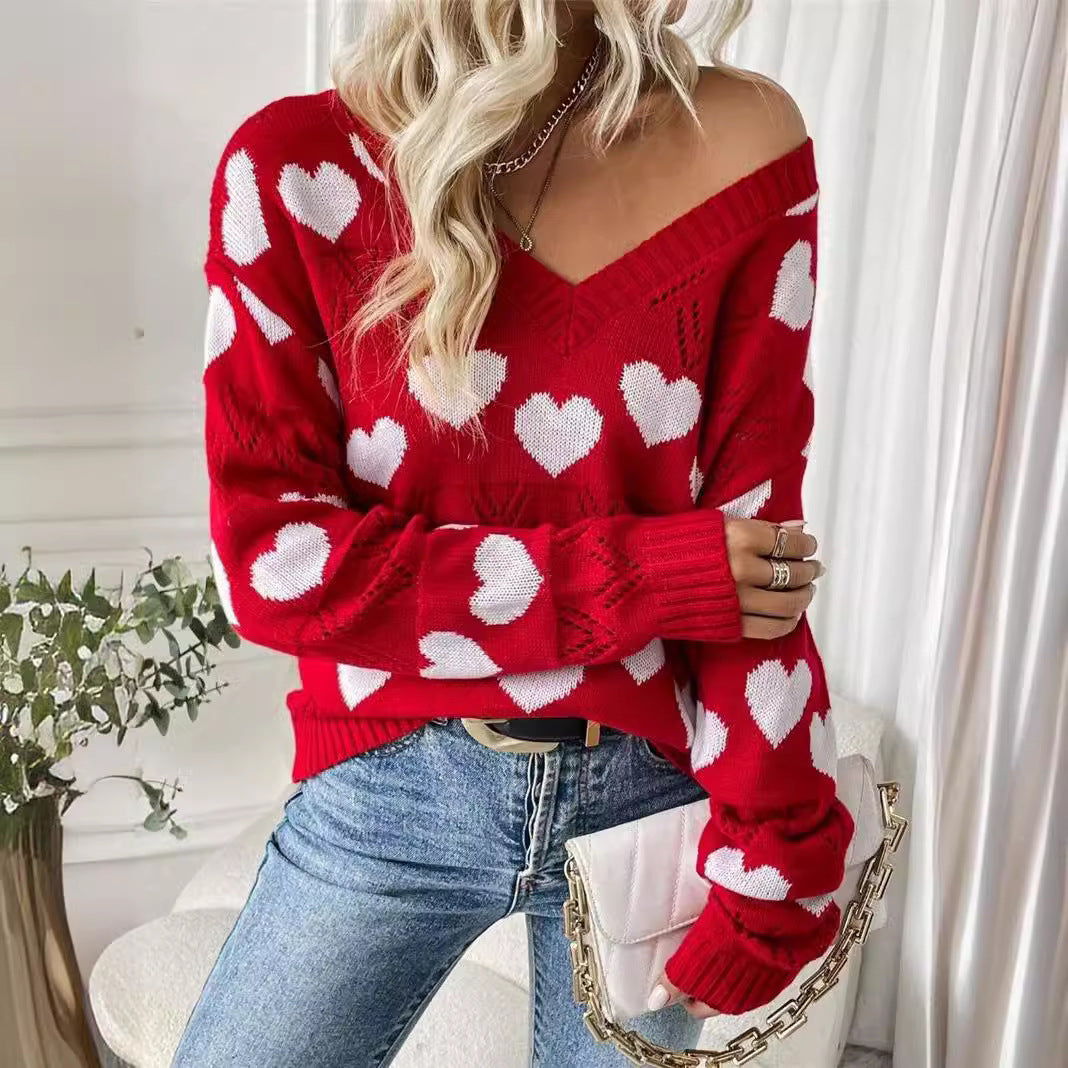 Damen kuscheliger Pullover mit herzförmigem Muster und V-Ausschnitt Stalluxe