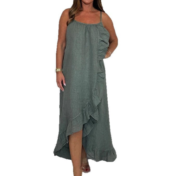 Damen luftiges Maxikleid mit asymmetrischem Saum und feinen Rüschendetails Stalluxe