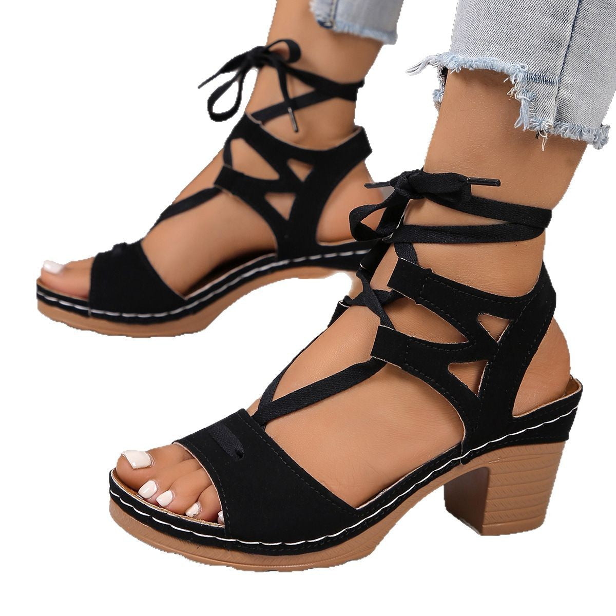 Damen Hohe Riemensandalen mit raffiniertem Schnürdesign und stylishem Blockabsatz Stalluxe