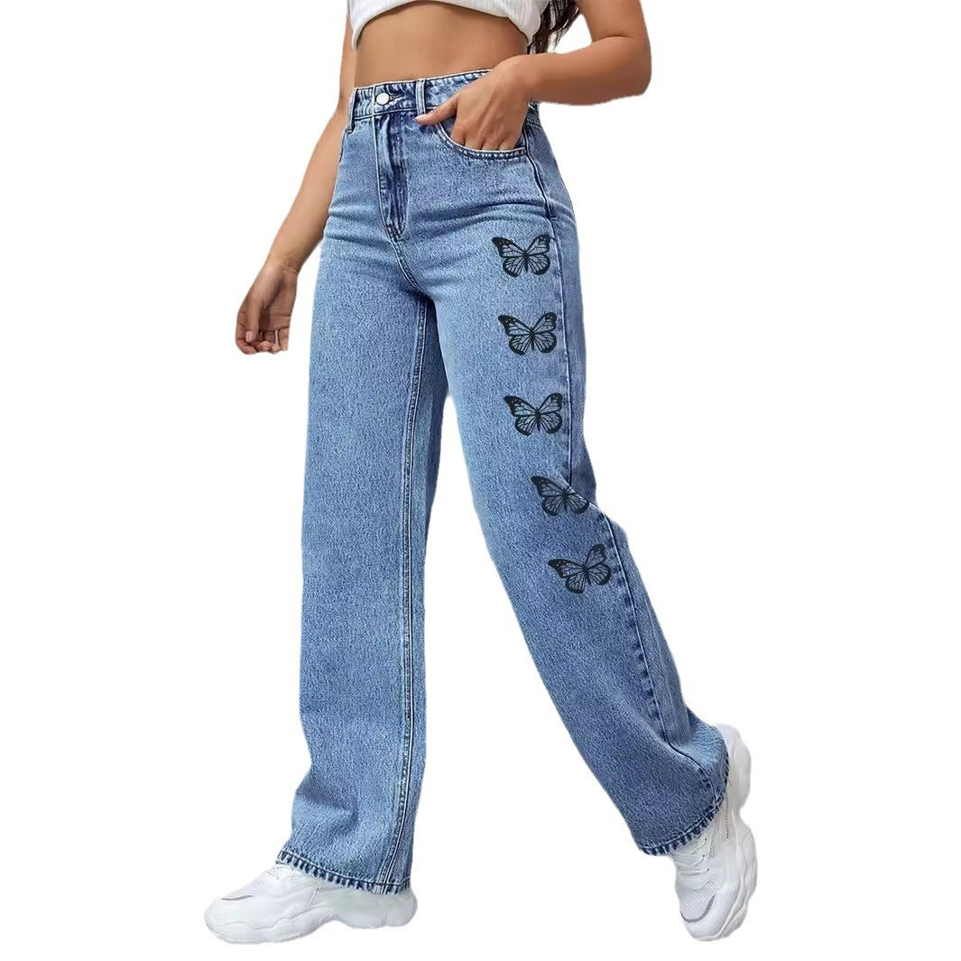 Damen Weit geschnittene Jeans mit modischem Schmetterlingsdesign Stalluxe