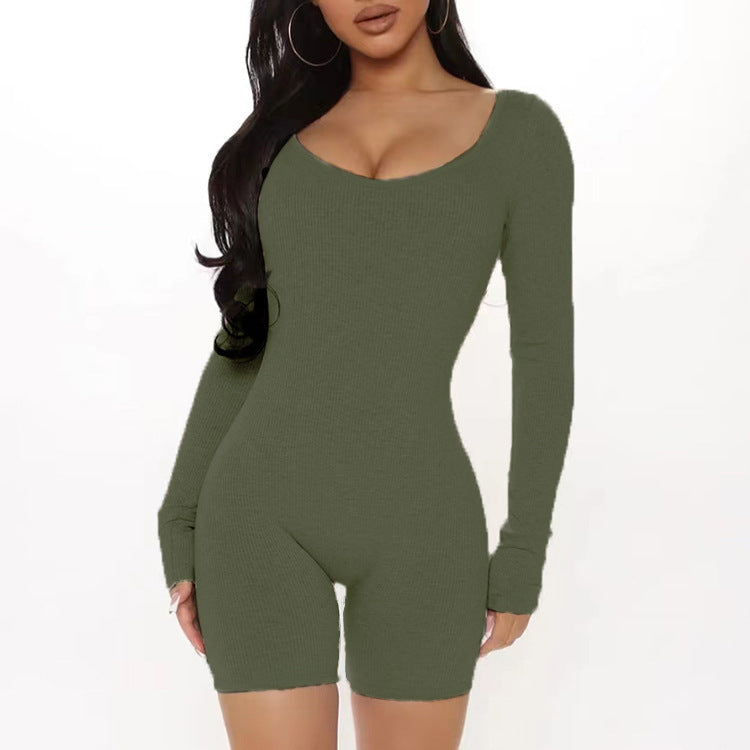 Damen Figurbetonter Jumpsuit mit langen Ärmeln und V-Ausschnitt Stalluxe
