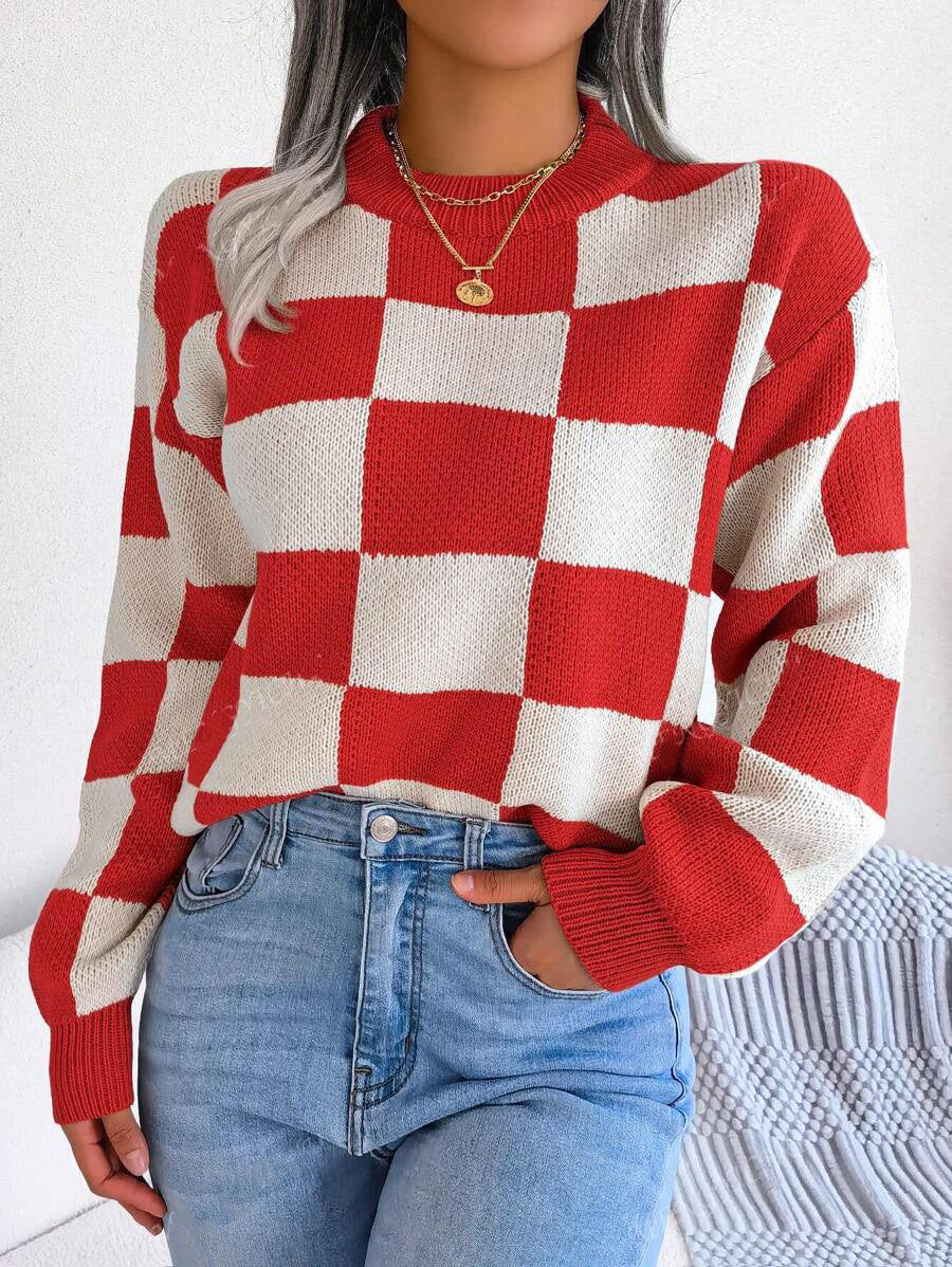 Damen lässiger pullover mit Karo-Muster und weiten Ärmeln Stalluxe