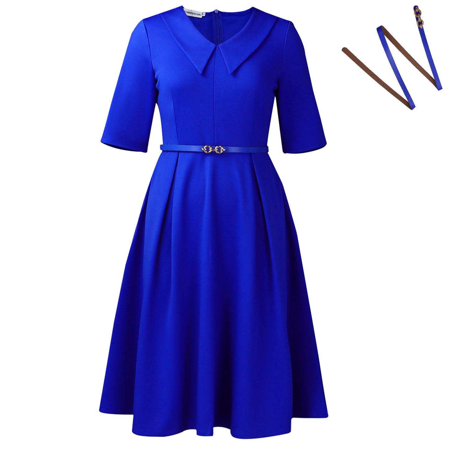 Damen Elegantes Skaterkleid mit Kragen und Taillengürtel Stalluxe