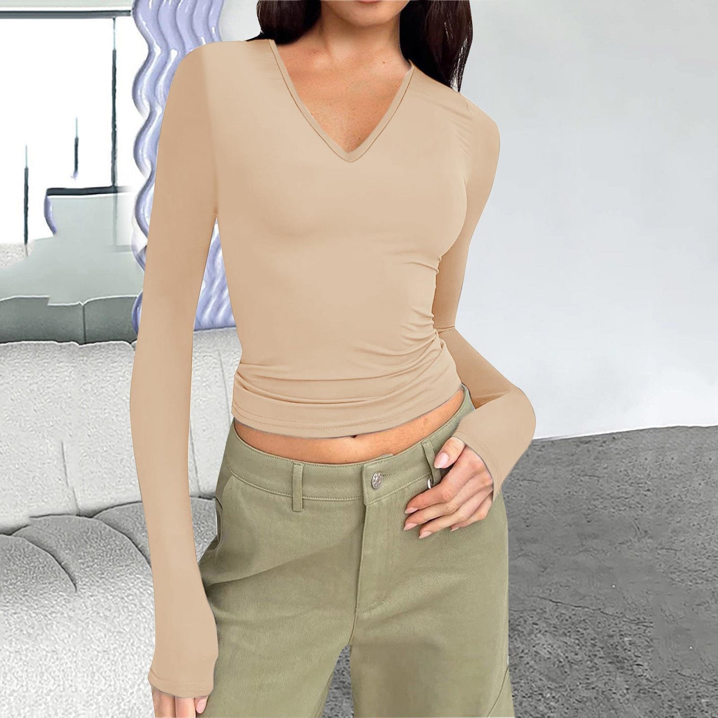 Damen Langarmshirt mit V-Ausschnitt und figurbetonendem Schnitt Stalluxe