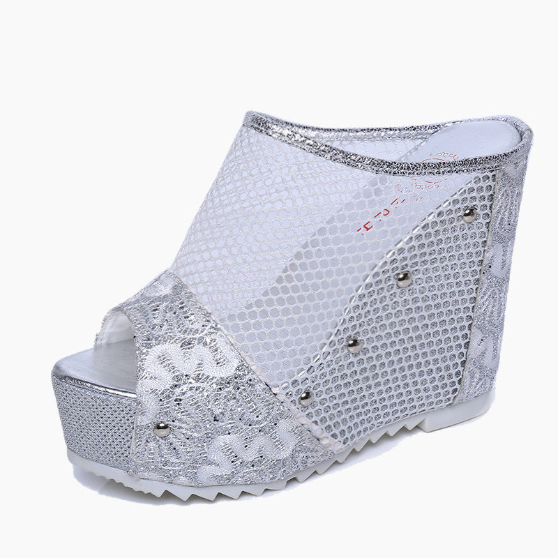 Damen Wedge-Sandalen mit elegantem Netzdesign und funkelnden Applikationen Stalluxe