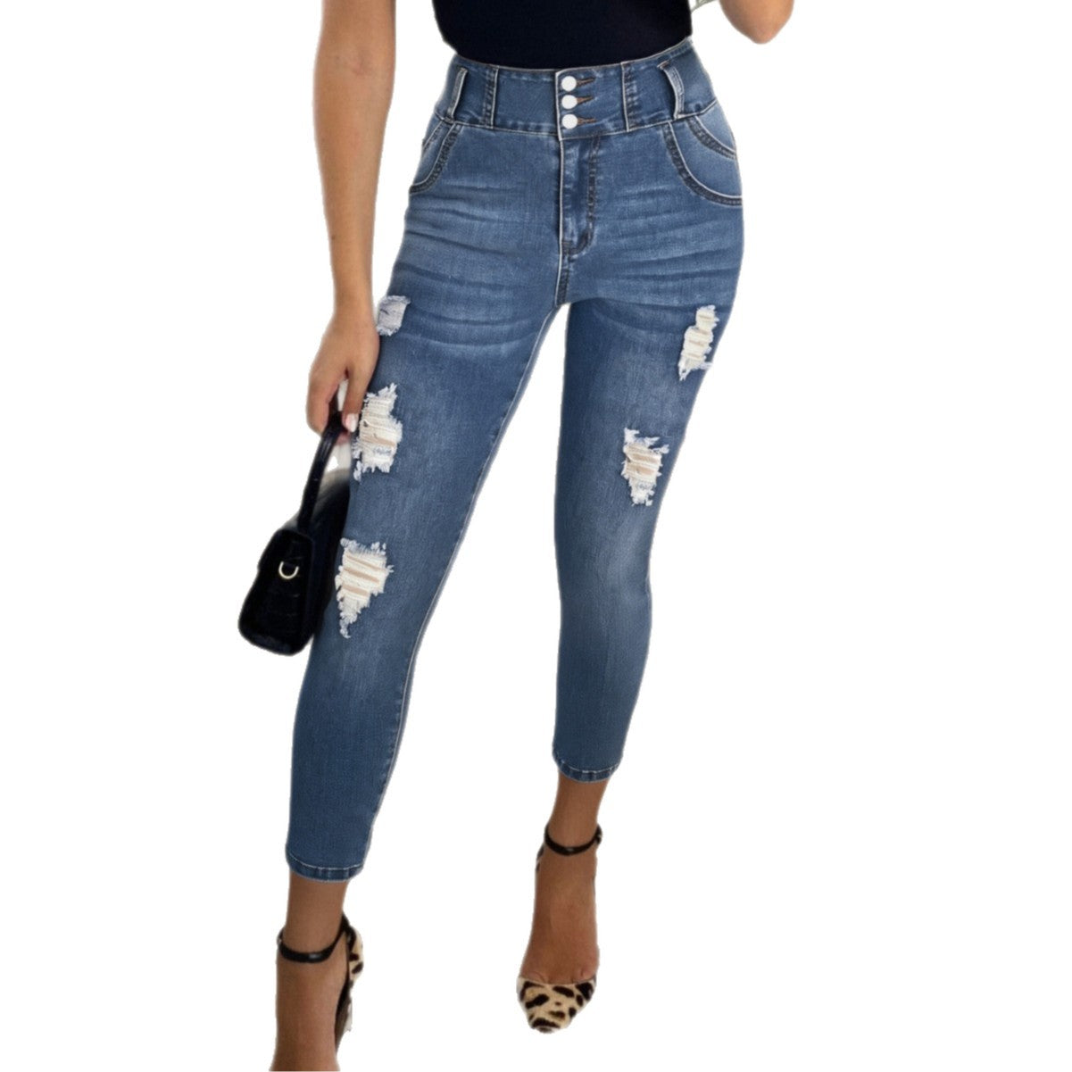 Damen Hochgeschnittene Jeans mit stilvollen Reißverschlussdetails und modernen Destroyed-Effekten Stalluxe