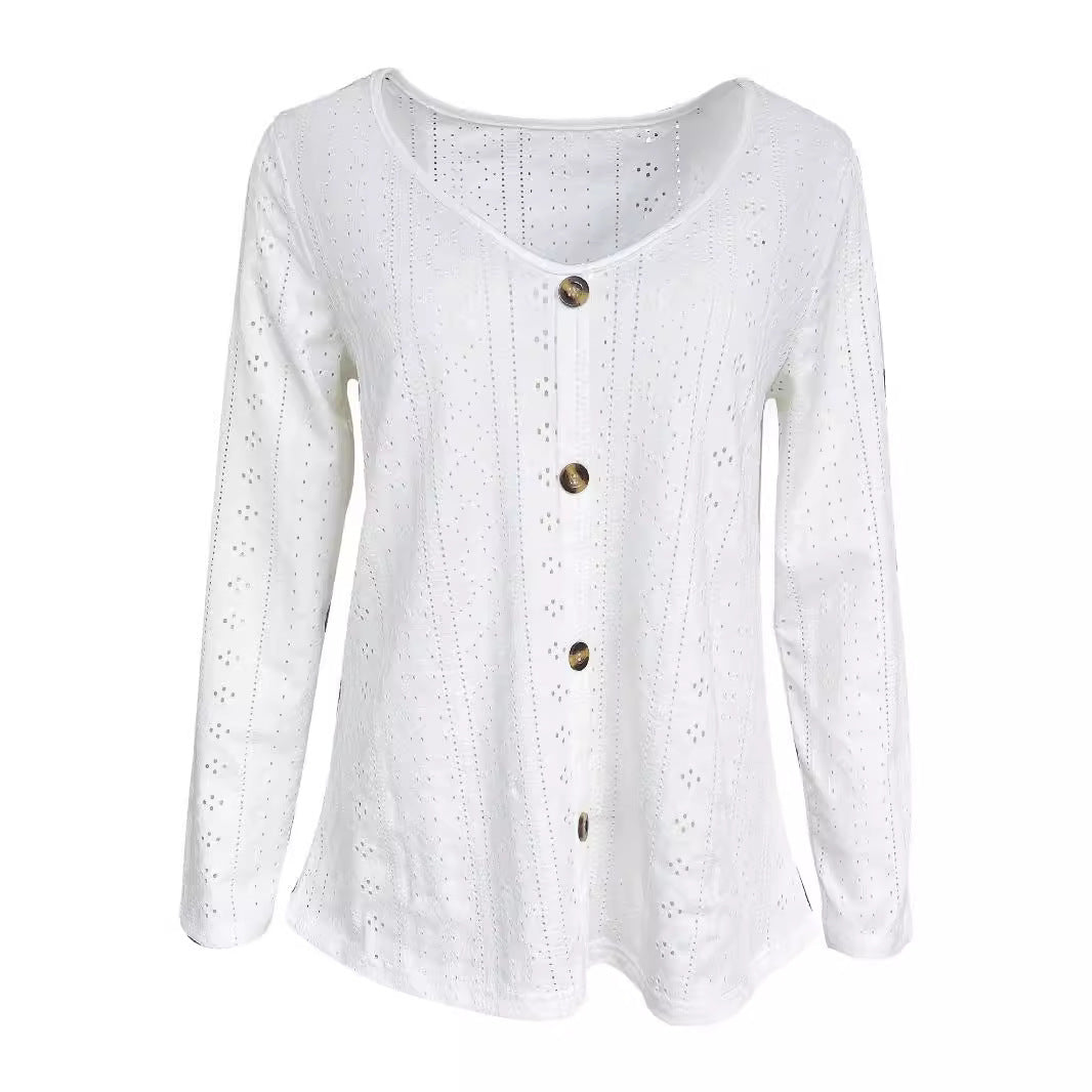 Damen Fein strukturiertes Langarmshirt mit eleganten Knöpfen Stalluxe