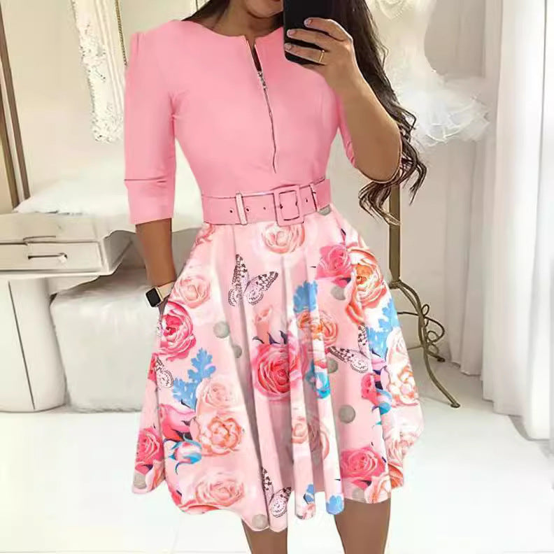 Damen A-Linien Kleid mit tailliertem Gürtel und floralem Muster Stalluxe