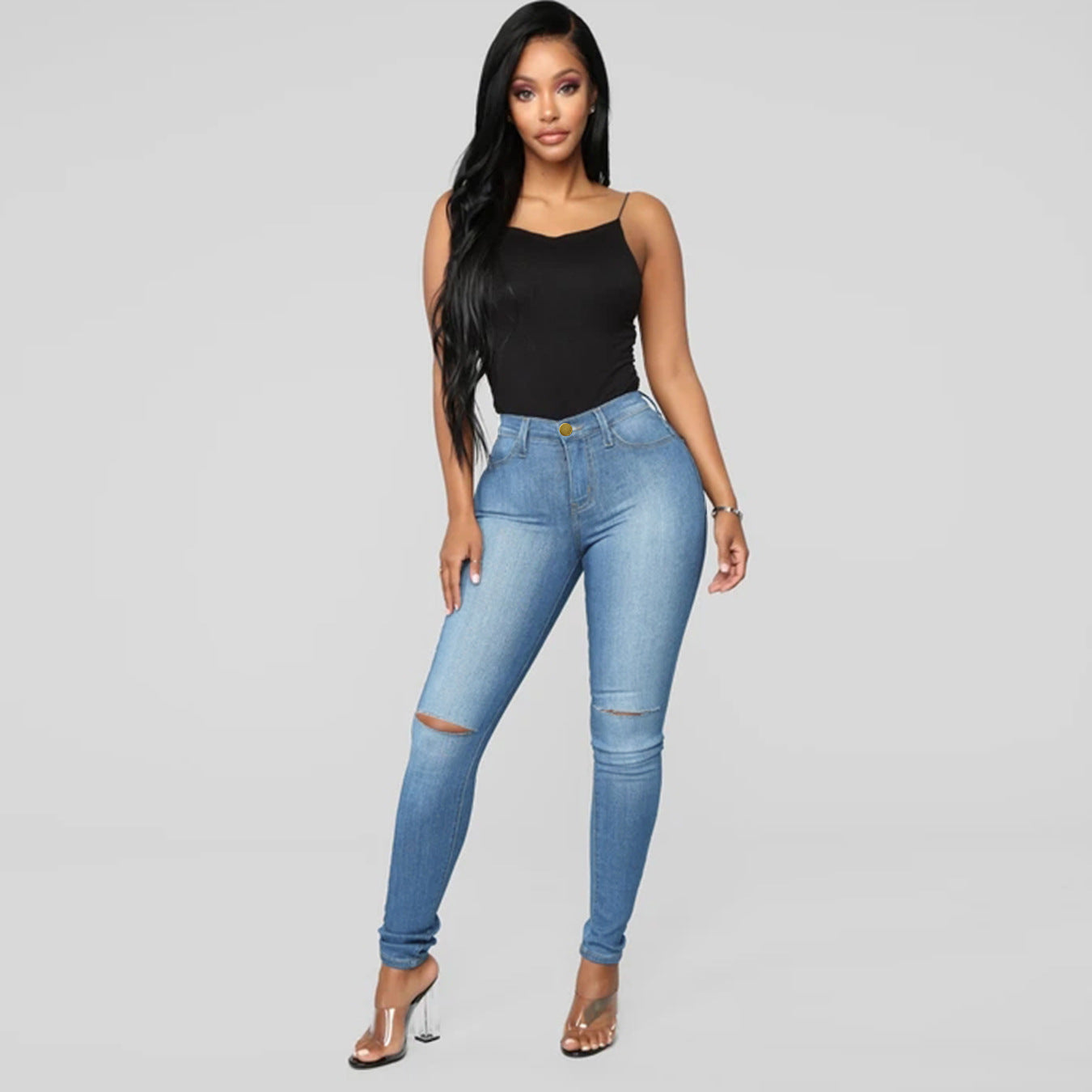 Damen Hochtaillierte Skinny Jeans mit modischen Rissdetails und eleganter Passform Stalluxe Mittelblau