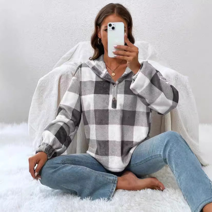 Damen Oversized Karo-Hoodie mit Knopfleiste und breiten Ärmeln Stalluxe