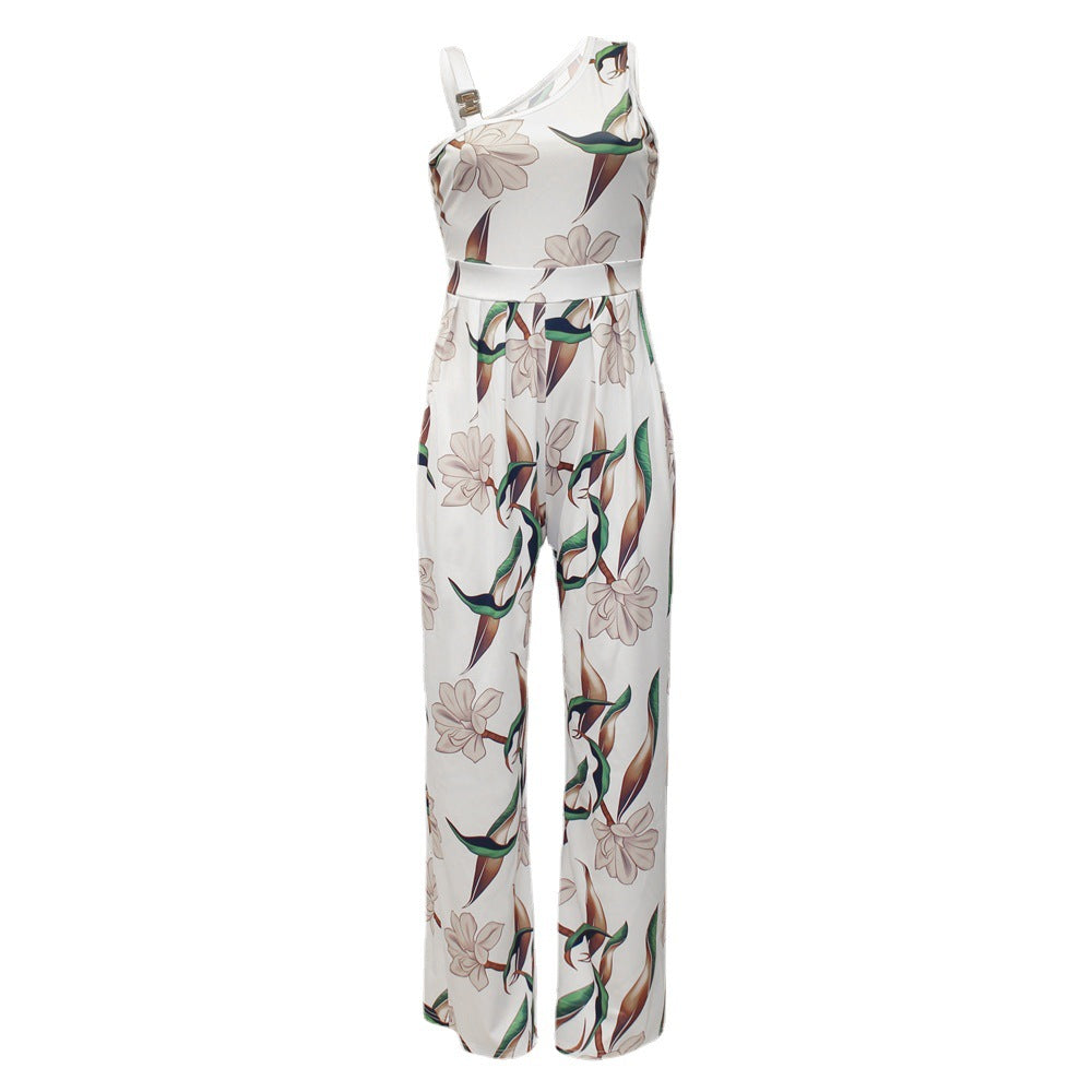 Damen Eleganter Jumpsuit mit floralem Design und asymmetrischem Träger Stalluxe