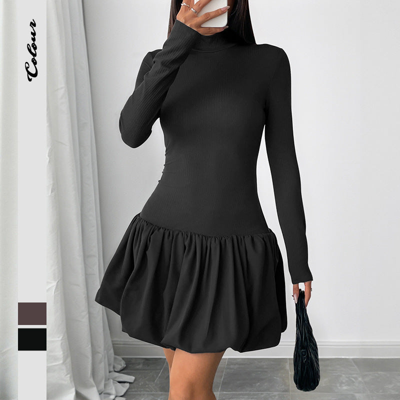 Damen figurbetontes Kleid mit Stehkragen und voluminösem Rock Stalluxe