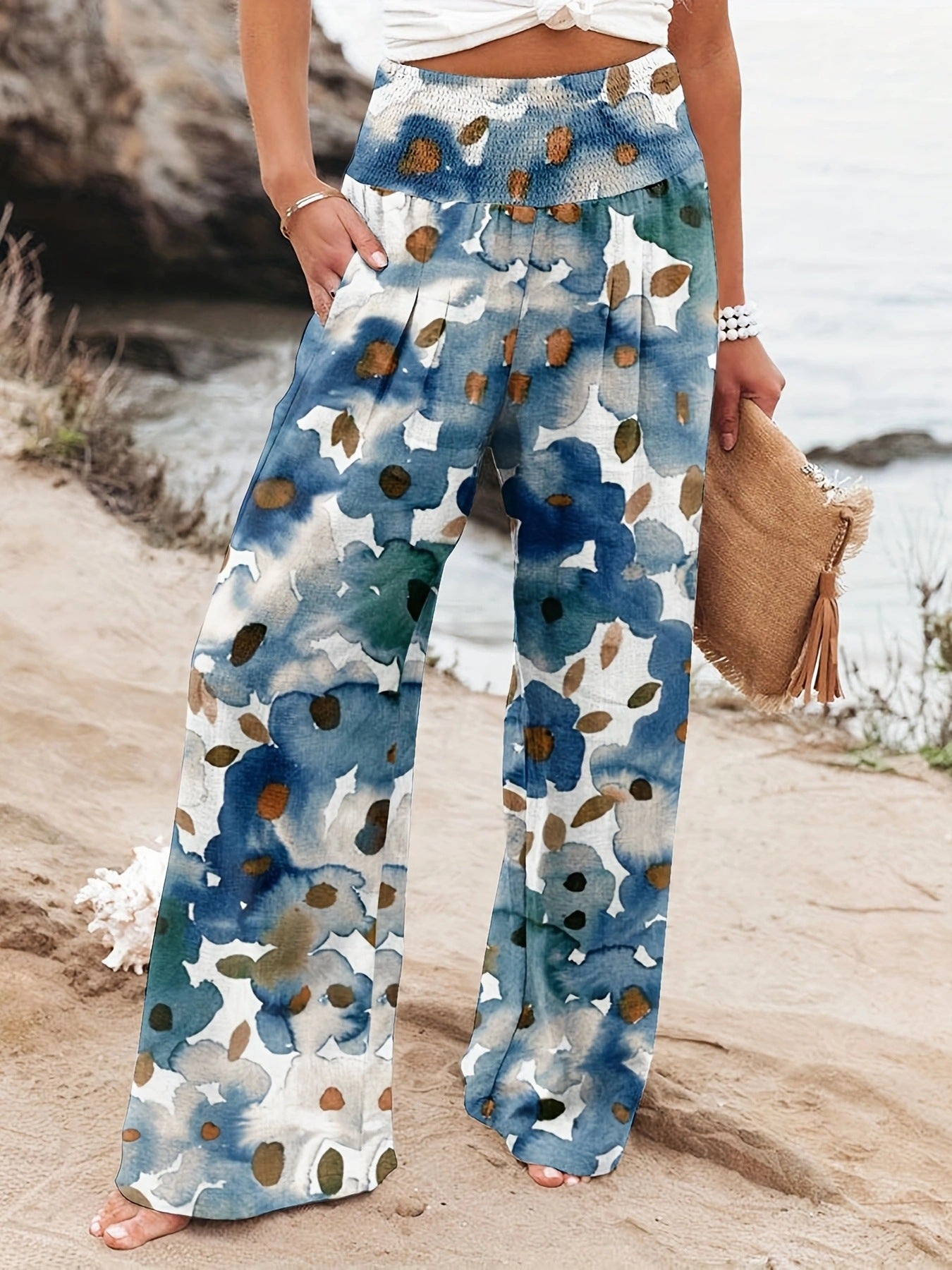 Damen Palazzo-Hosen mit floralem Druck und elastischem Bauchbund Stalluxe