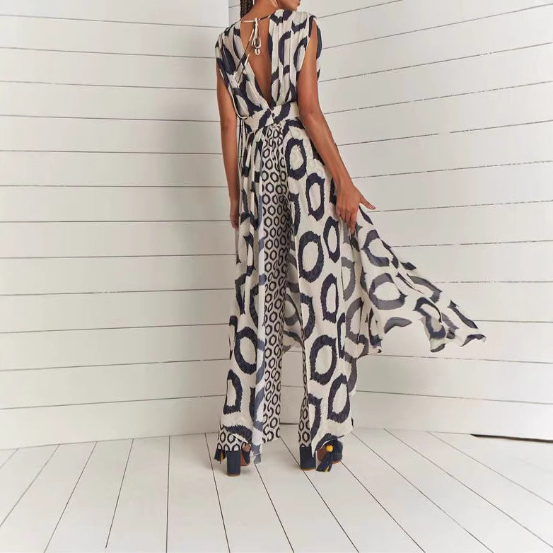 Damen Elegantes Maxikleid mit modischem Kreismuster und Taillengürtel Stalluxe