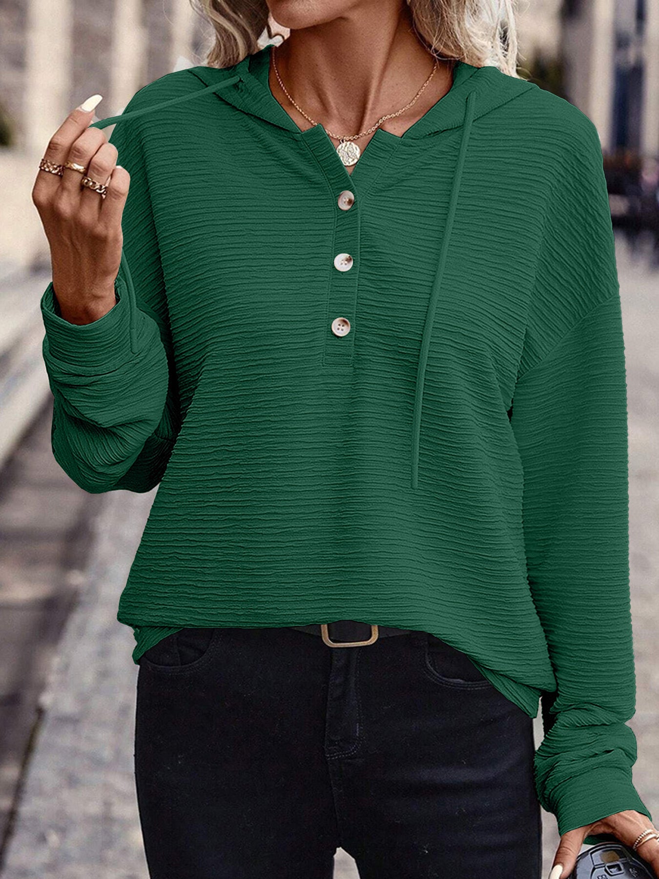 Damen lässiger Kapuzenpullover mit strukturierter Oberfläche und Knopfverschluss Stalluxe