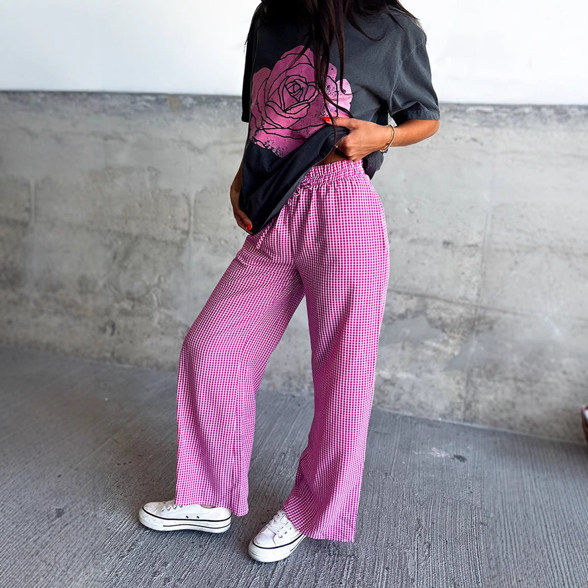 Damen Weit geschnittene Karohose mit elastischem Bund Stalluxe