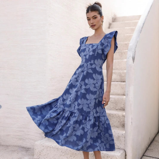 Damen Maxikleid mit floralem Streifenmuster und taillierter Silhouette Stalluxe