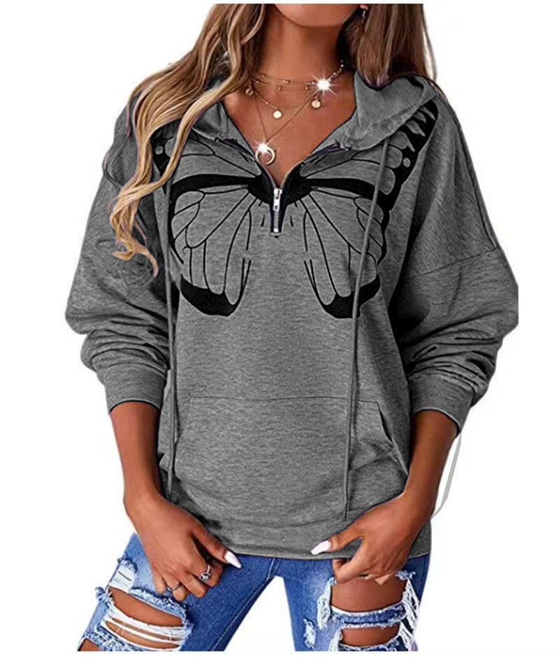 Damen lässiger Kapuzenpullover mit Schmetterlingsdruck und Halber Reißverschluss Stalluxe