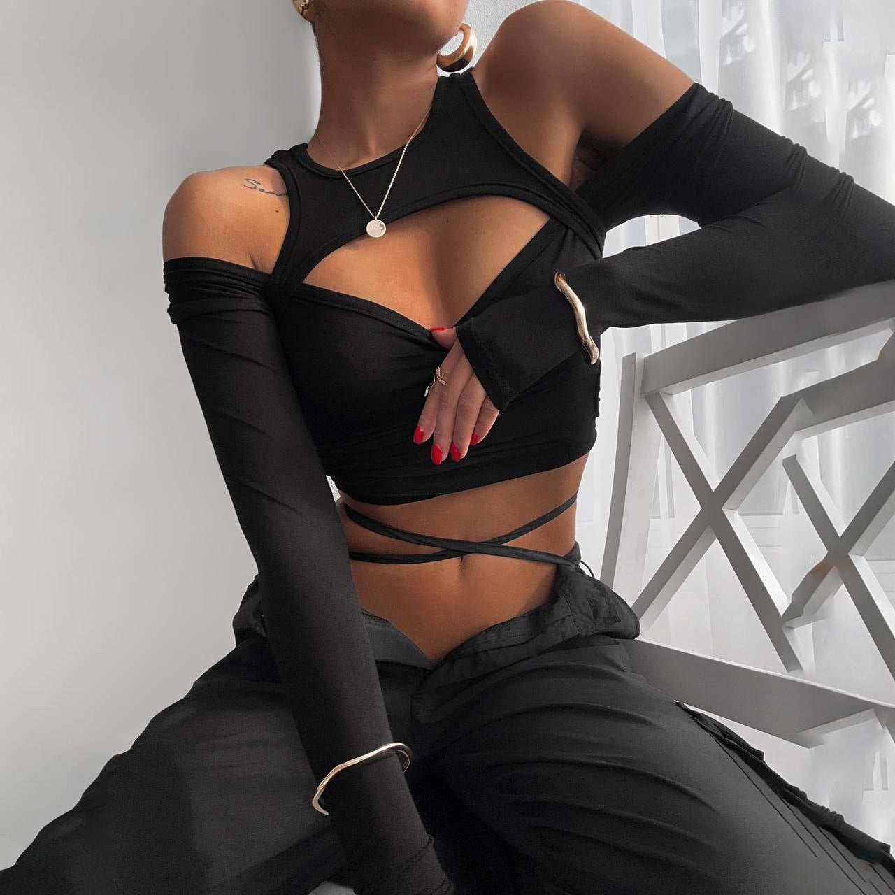Damen Trendiges Cut-Out Langarmoberteil Stalluxe
