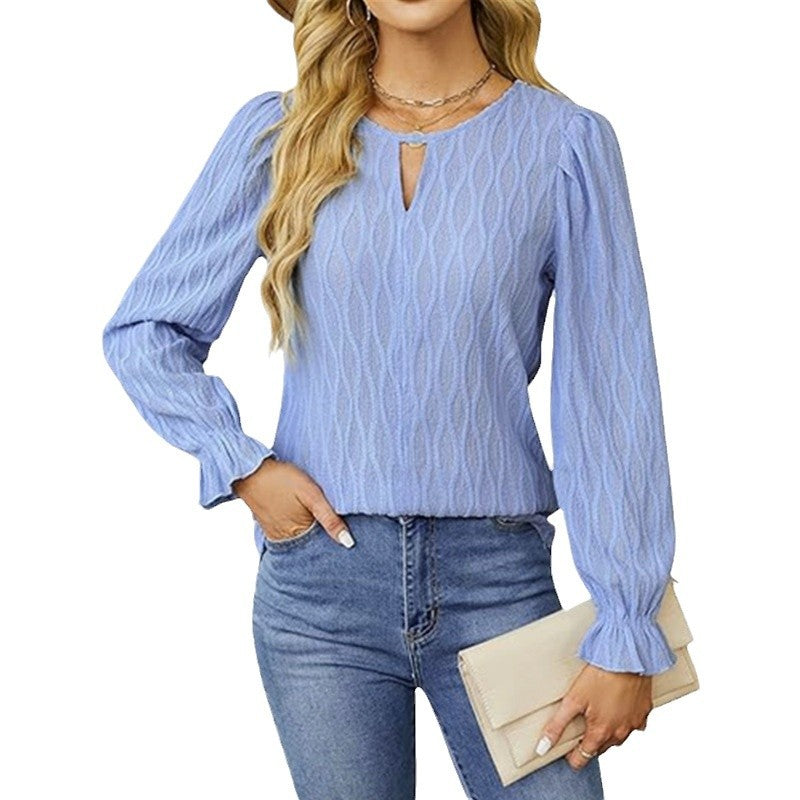 Damen elegantes Langarmshirt mit strukturiertem Stoff und Schlüsselloch-Ausschnitt Stalluxe