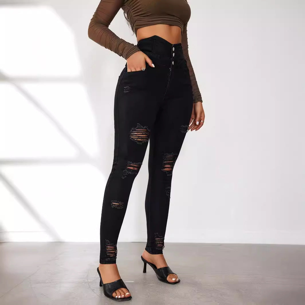 Damen High-Waist Jeans mit modischen Riss- und Knopfdetails Stalluxe