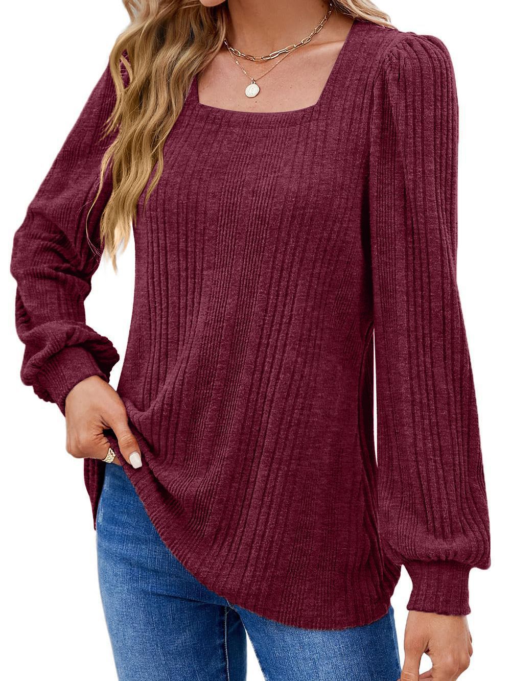 Damen Elegantes Strickoberteil mit strukturiertem Rippmuster und Puffärmeln Stalluxe