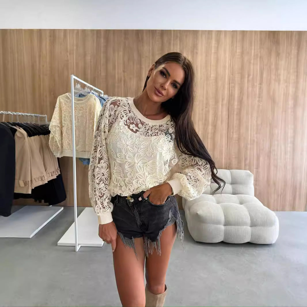 Damen Spitzenshirt mit floralen Stickereien und elastischen Bündchen Stalluxe