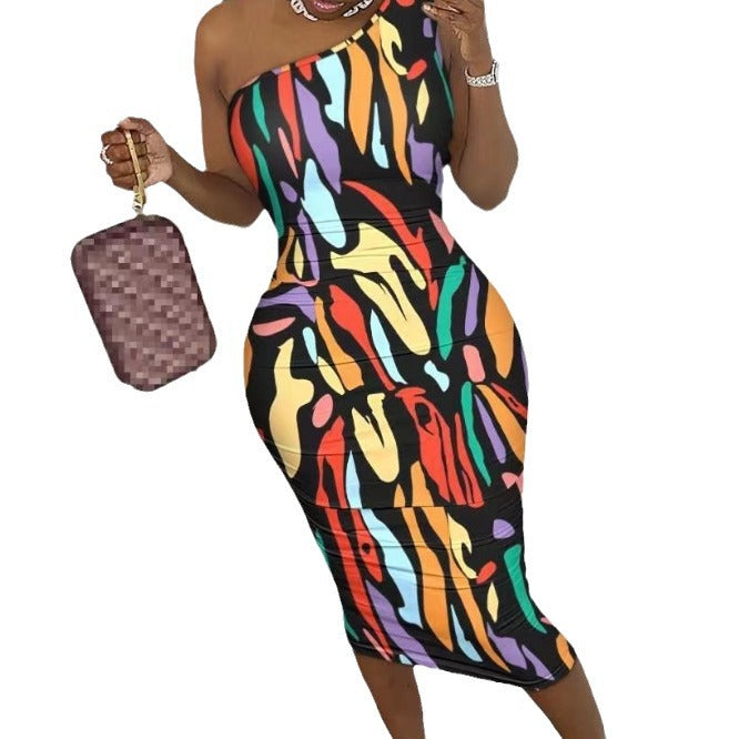 Damen Figurbetontes Einseitiges Kleid mit buntem Muster Stalluxe