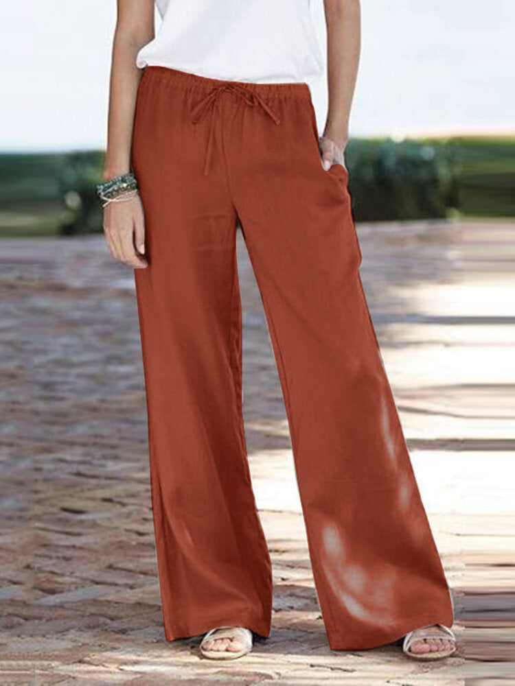 Damen luftige weite Leinenhose mit elastischem Bund und praktischen Seitentaschen Stalluxe