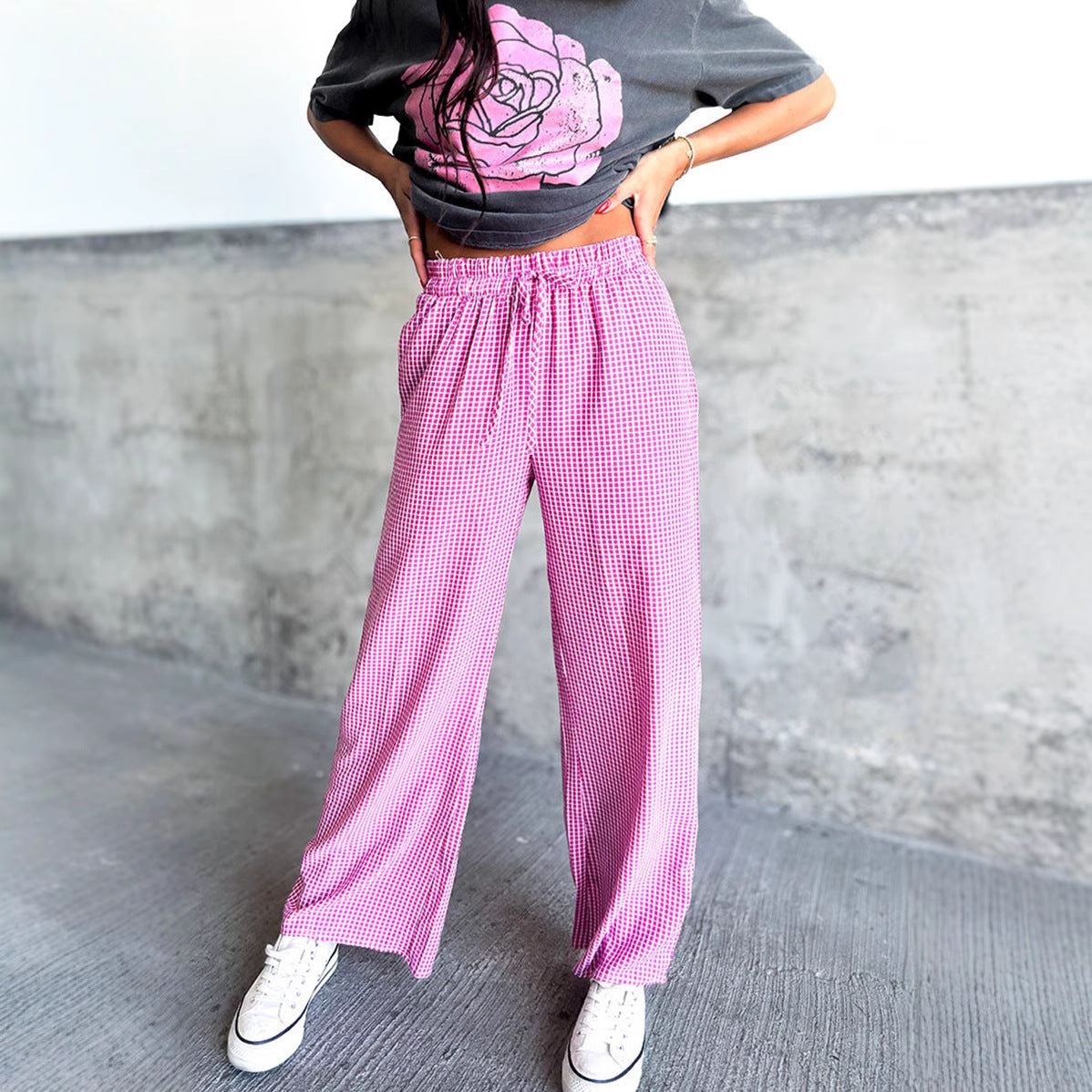 Damen Weit geschnittene Karohose mit elastischem Bund Stalluxe