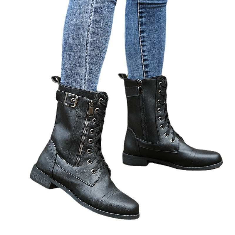 Damen Rinderleder Schnürstiefel mit seitlichem Reißverschluss und gepolstertem Kragen Stalluxe