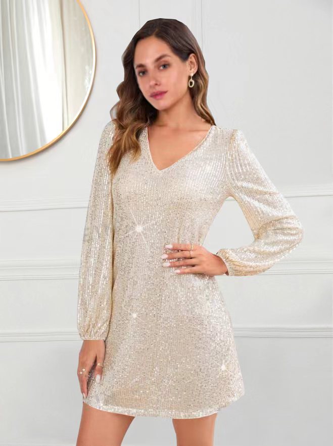 Damen Glitzerndes Minikleid mit V-Ausschnitt und langen Ärmeln Stalluxe
