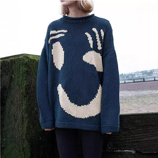 Damen Grobstrickpullover mit kreativem Smiley-Motiv Stalluxe