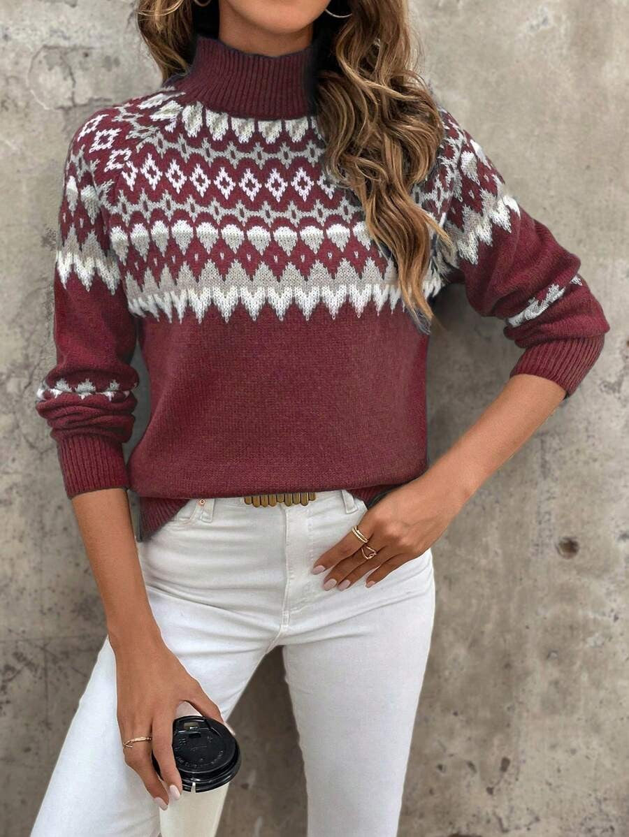 Damen Strickpullover mit hohem Kragen und winterlichem Muster Stalluxe