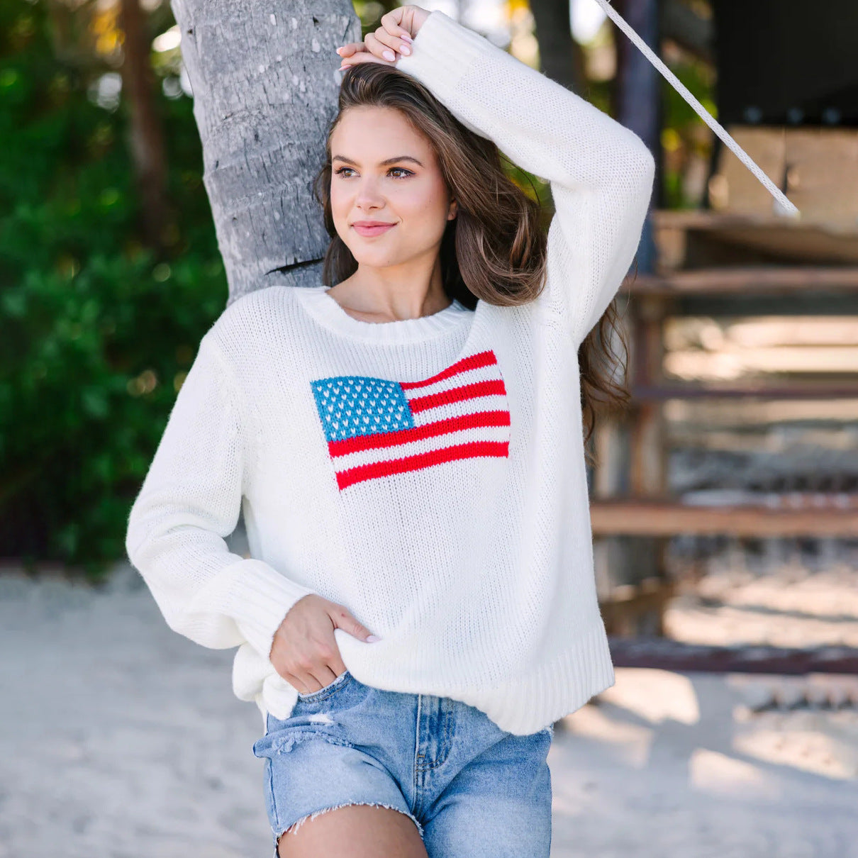 Damen trendiger Pullover mit USA-Flaggenstickerei aus luftiger Baumwolle Stalluxe