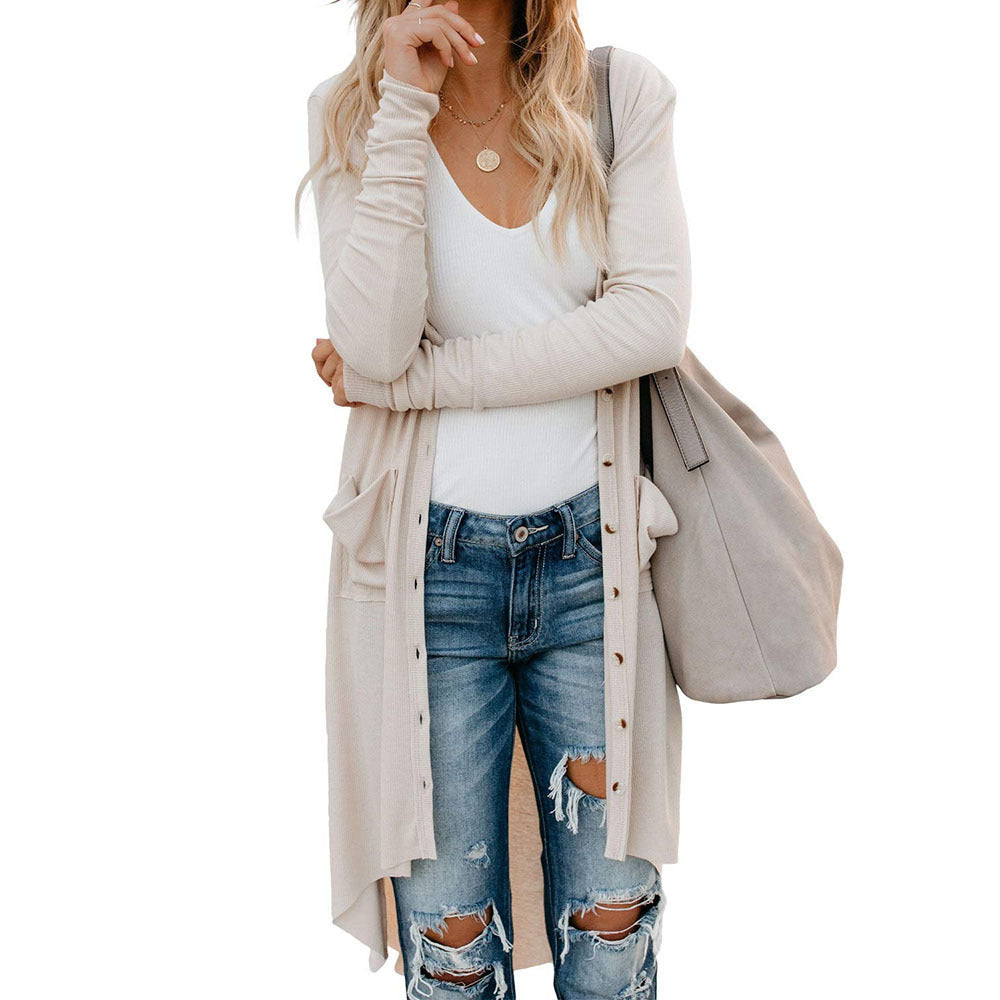 Damen Langer Strickcardigan mit Knöpfen und Taschen Stalluxe