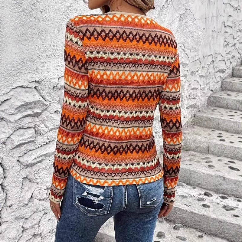 Damen Langarmshirt mit geometrischem Muster und feiner Rippstruktur Stalluxe