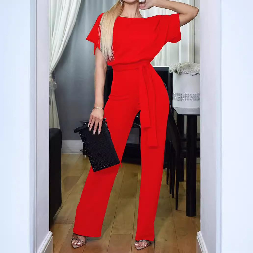 Damen Eleganter Jumpsuit mit breiten Beinen und Taillengürtel Stalluxe