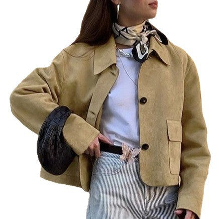 Damen Kurzjacke aus Wildleder mit großen Taschen und Button-Down-Verschluss Stalluxe