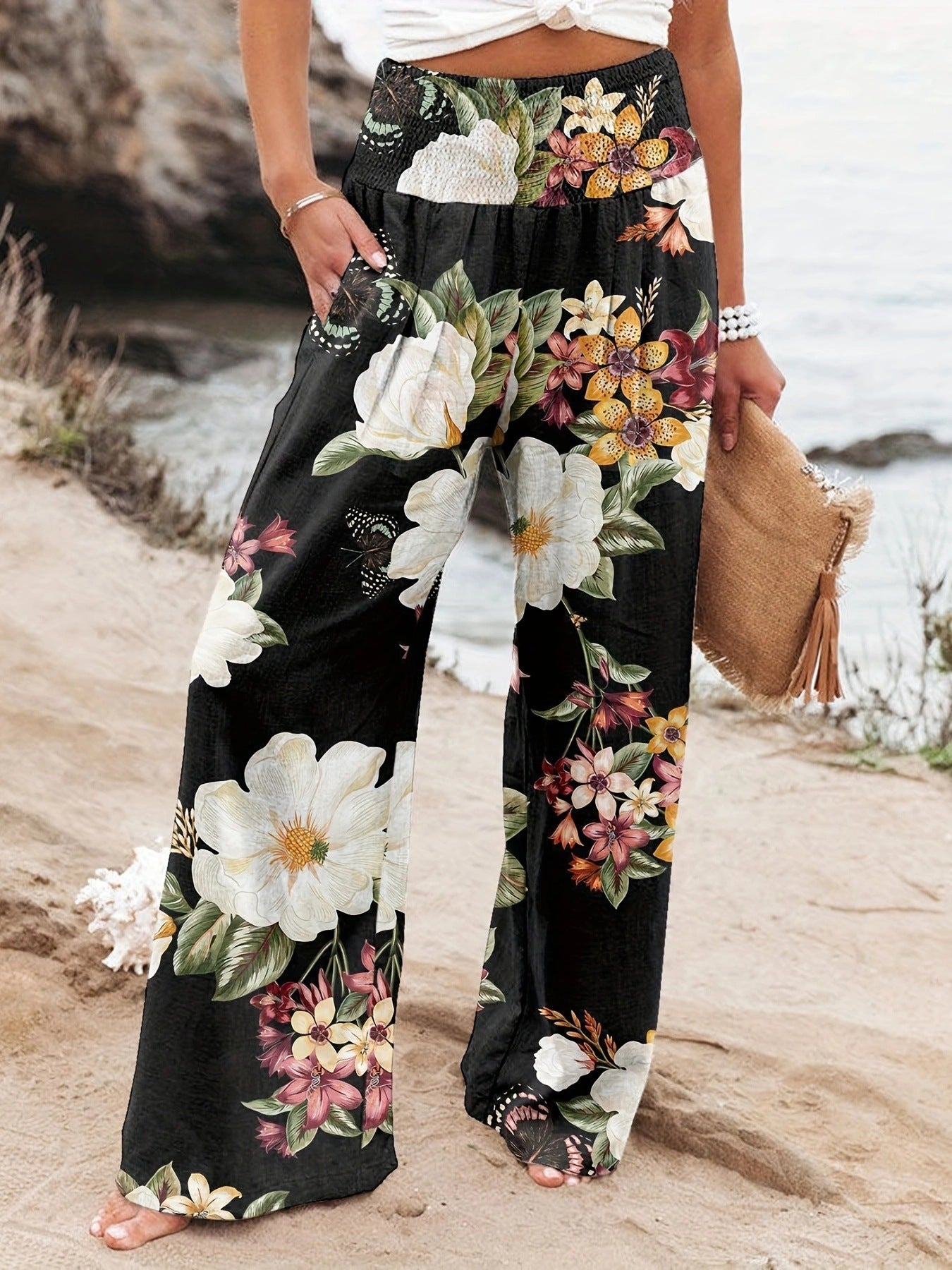 Damen Palazzo-Hosen mit floralem Druck und elastischem Bauchbund Stalluxe