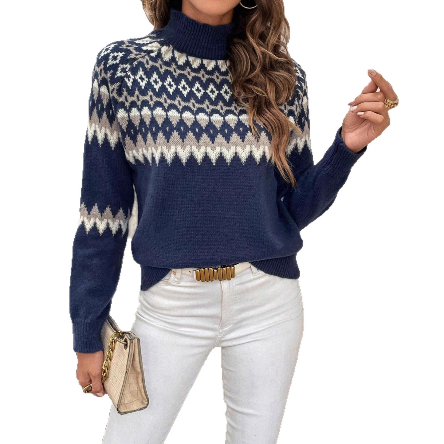 Damen Strickpullover mit hohem Kragen und winterlichem Muster Stalluxe