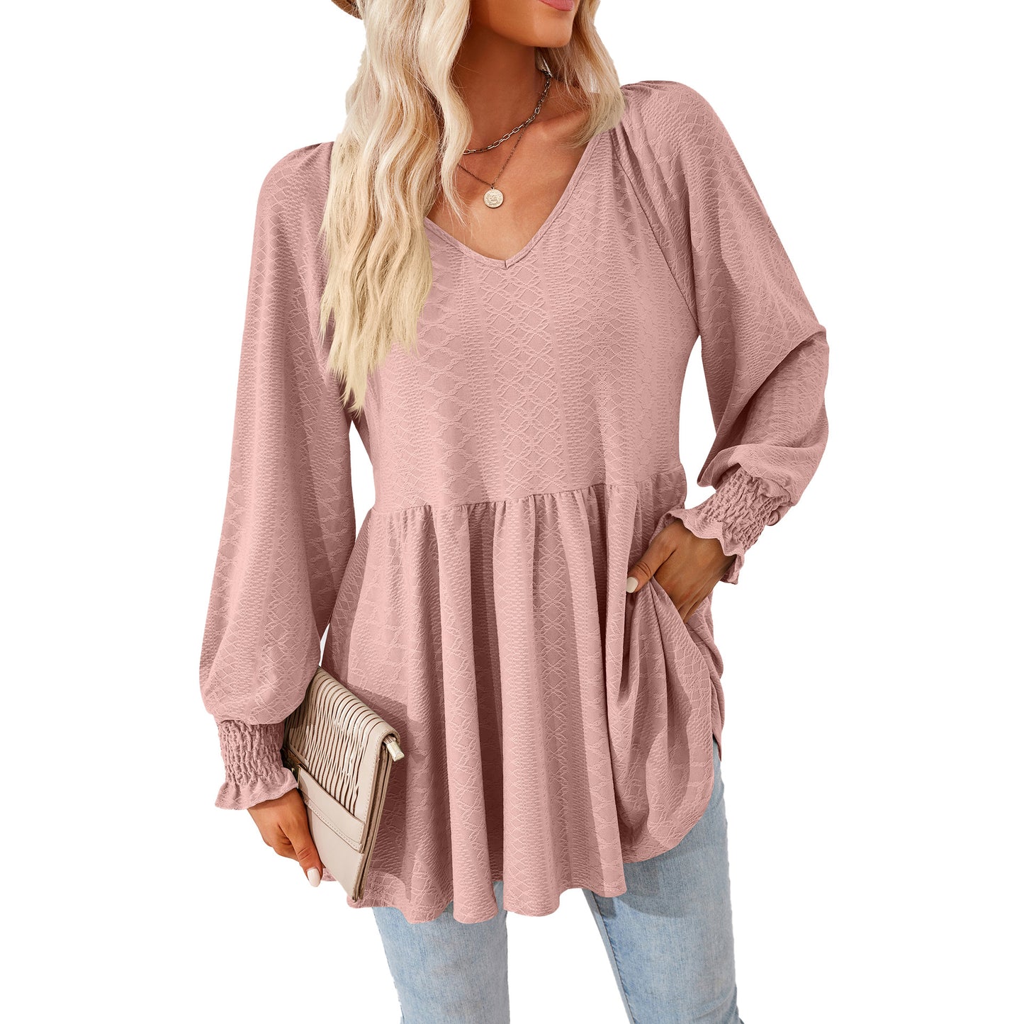 Damen lässiges V-Ausschnitt Blusenshirt mit Rüschen und Taschen Stalluxe