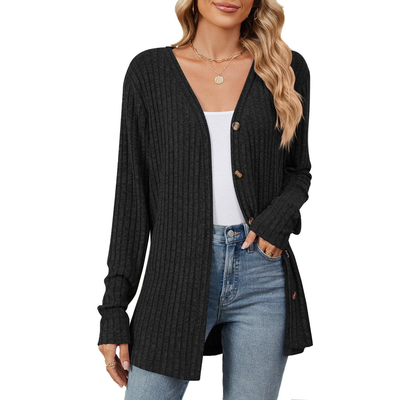 Damen lässige Strickjacke mit feiner Rippstruktur und praktischen Knöpfen Stalluxe