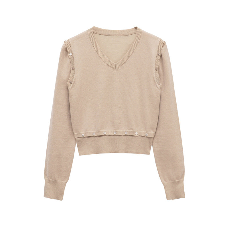 Damen Strickpullover mit V-Ausschnitt und dekorativen Knöpfen Stalluxe